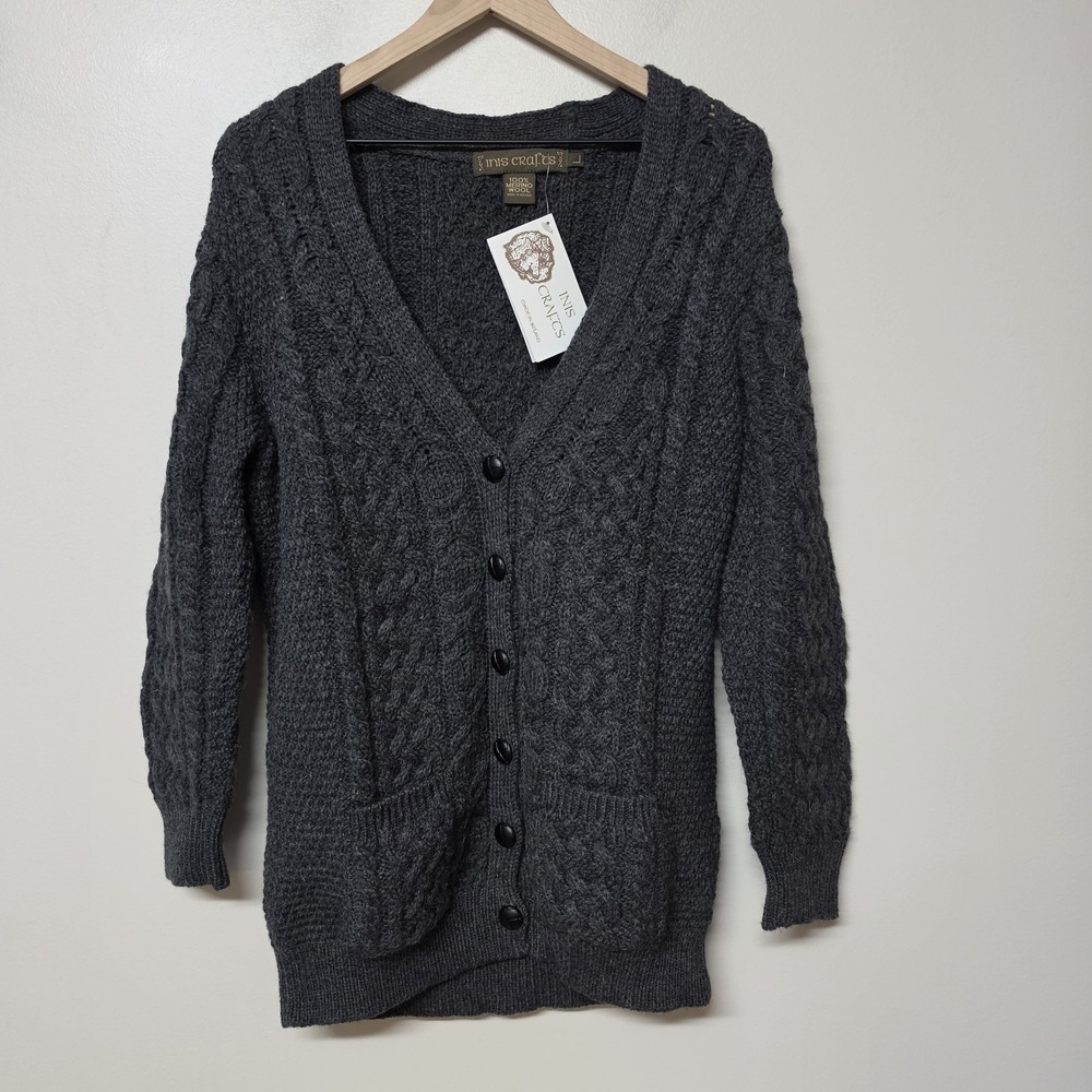 Inis Crafts Boyfriend Cardigan L 100% Merino Wool Aran Cable Knit Gray Ireland